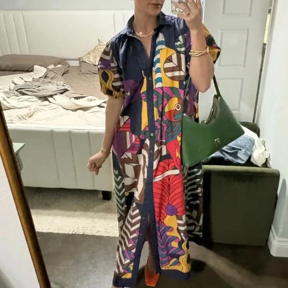 Carolina K Retro Mod Muumuu Midi Dress XS Artsy Kaftan Vacation Designer $425 - Picture 4 of 13